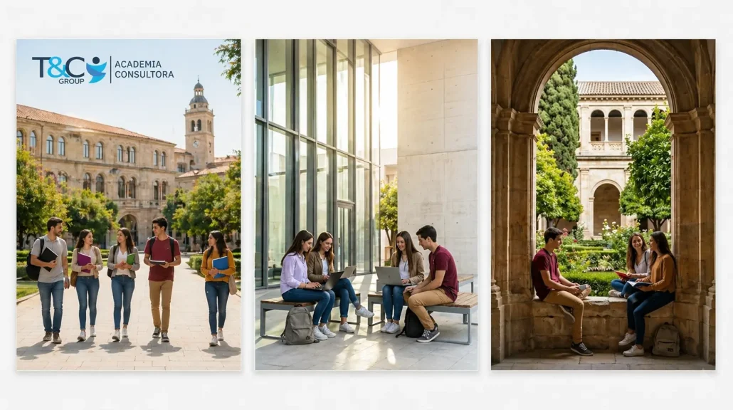 Estudiantes universitarios en campus españoles: arquitectura histórica y moderna en Madrid, servicios de asesoría académica de T&C Group.
