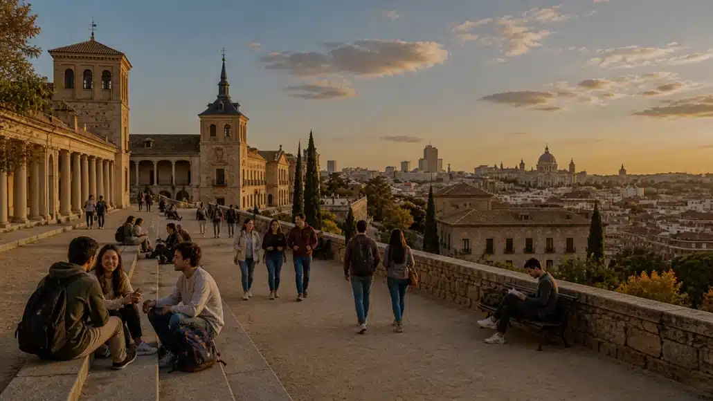 Vista panorámica de Madrid con estudiantes en un campus universitario español. Edificios emblemáticos, áreas verdes y jóvenes caminando bajo un cielo despejado. Imagen que representa la experiencia de estudiar en España: sol, cultura vibrante y educación internacional.